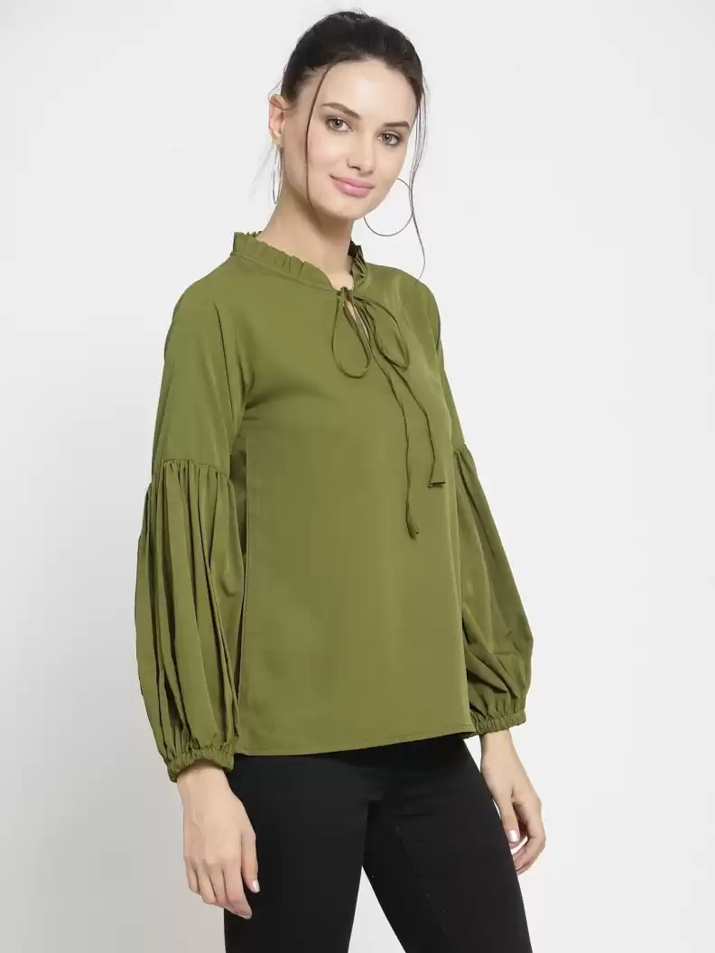 TANDUL  Casual Balloon Sleeve Solid Women Green Top