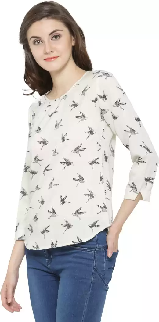 TANDUL  Casual Regular Sleeves Graphic Print Women White Top