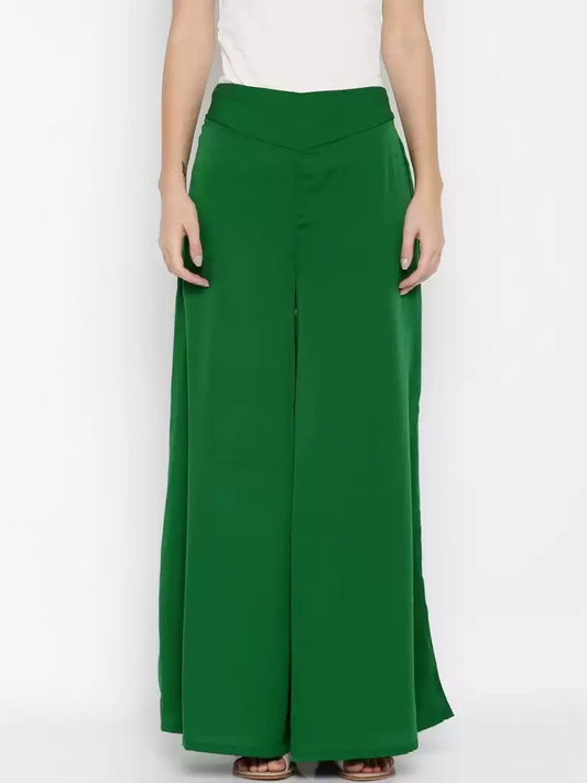 TANDUL  Flared Women Green Poly Crepe Trousers