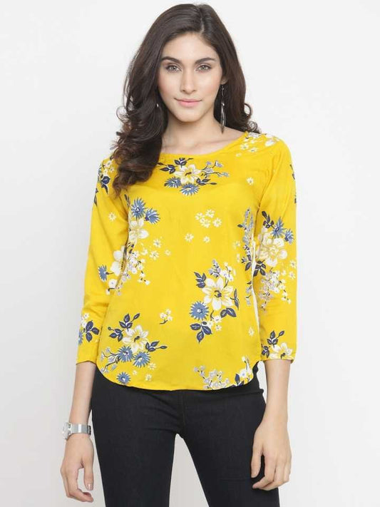 Casual Regular Sleeves Floral Print Women Yellow Top
