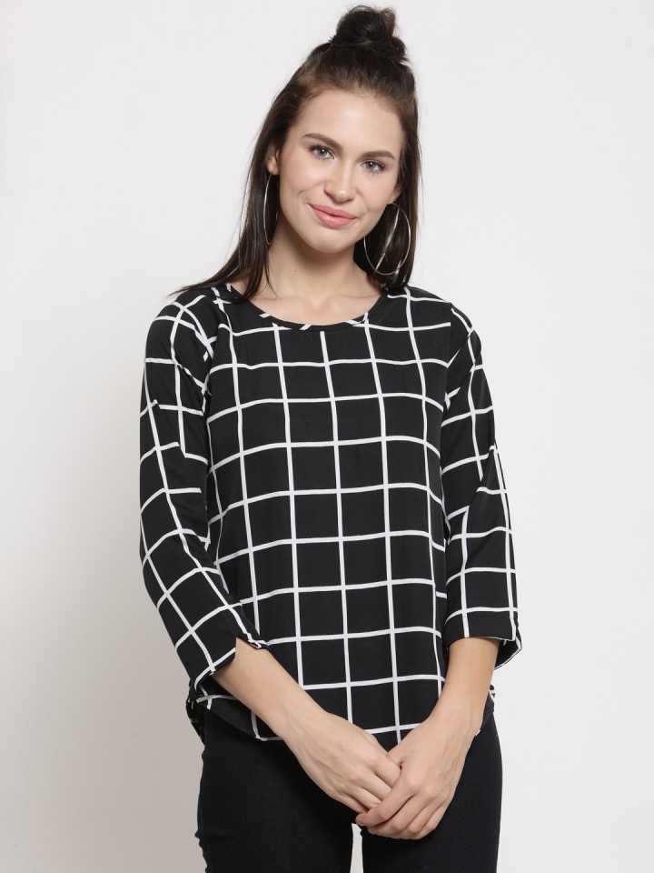 TANDUL  Casual Regular Sleeves Checkered Women Black Top