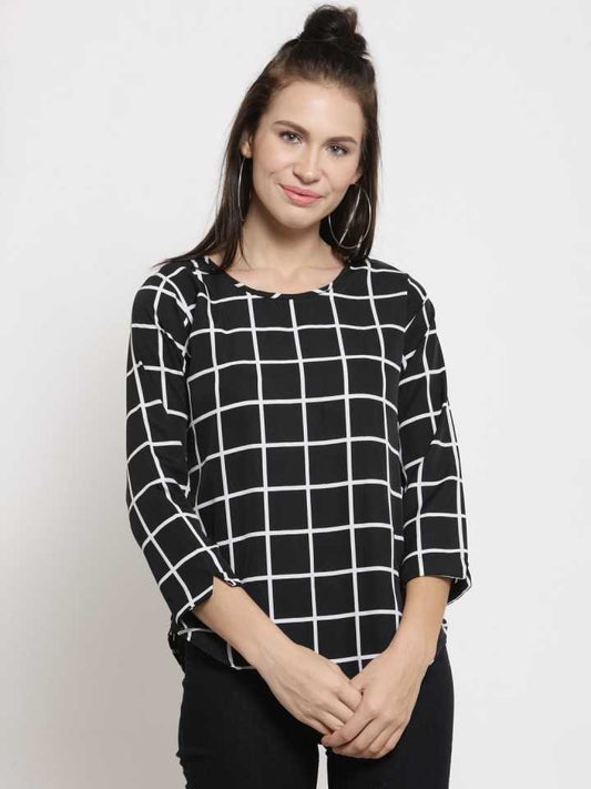 TANDUL  Casual Regular Sleeves Checkered Women Black Top