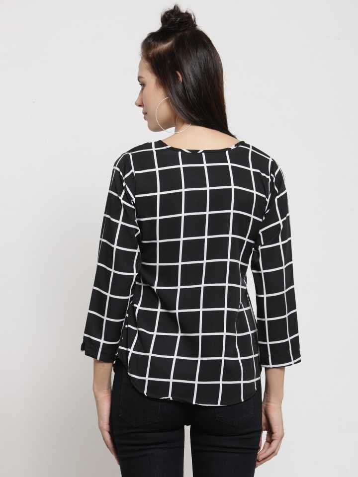 TANDUL  Casual Regular Sleeves Checkered Women Black Top