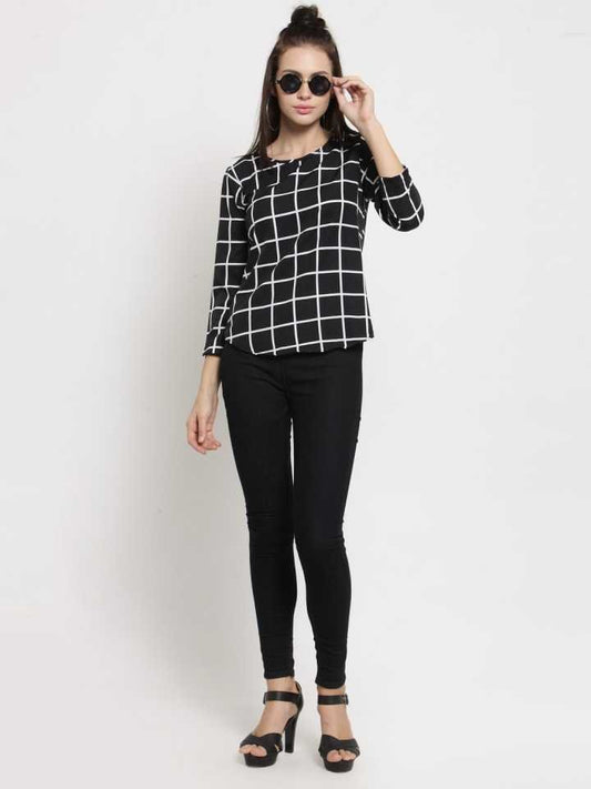 TANDUL  Casual Regular Sleeves Checkered Women Black Top