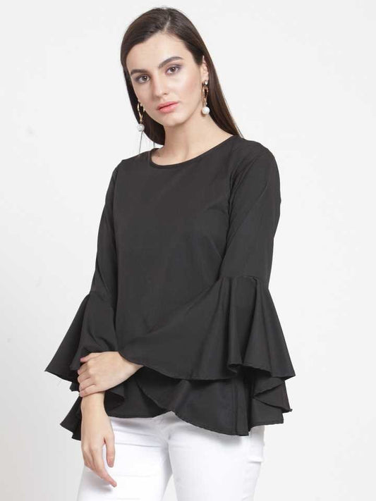 TANDUL  Casual Bell Sleeves Solid Women Black Top