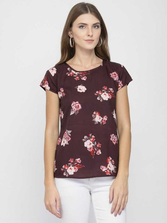 TANDUL  Casual Regular Sleeves Floral Print Women Brown Top