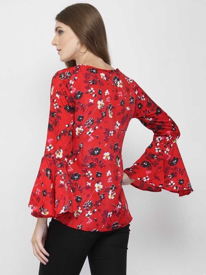 TANDUL  Casual Bell Sleeves Floral Print Women Red Top