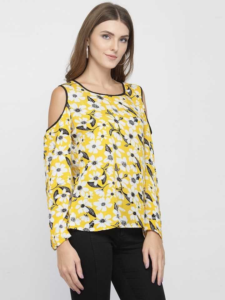 TANDUL  Casual Cold Shoulder Sleeves Floral Print Women Yellow Top
