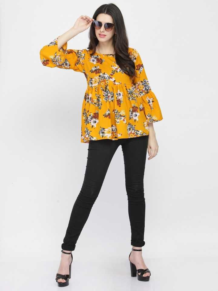 Casual Bell Sleeves Printed Women Multicolor Top