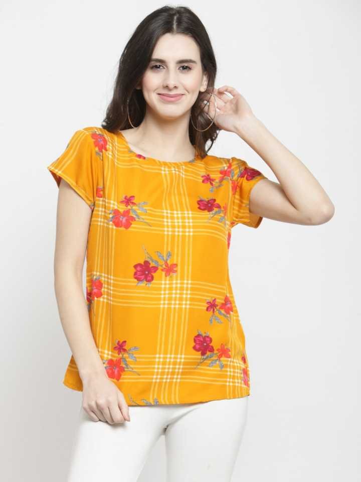 TANDUL  Casual Regular Sleeves Printed, Checkered Women Yellow Top