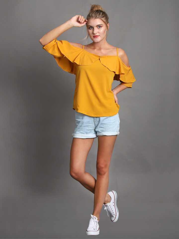 Casual Cold Shoulder Sleeves Solid Women Yellow Top