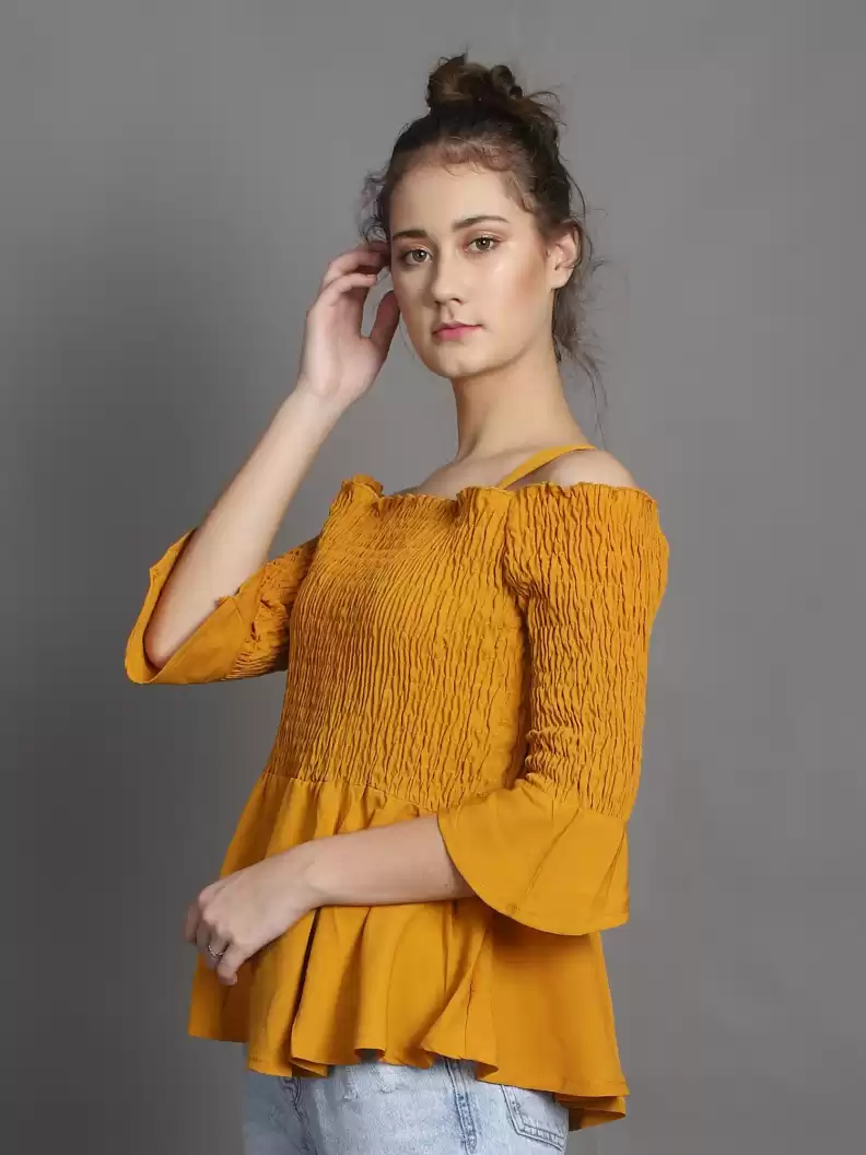 TANDUL  Casual Regular Sleeves Solid Women Yellow Top