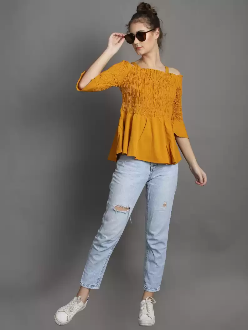 TANDUL  Casual Regular Sleeves Solid Women Yellow Top