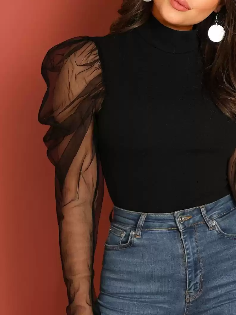 TANDUL  Casual Puff Sleeves Solid Women Black Top