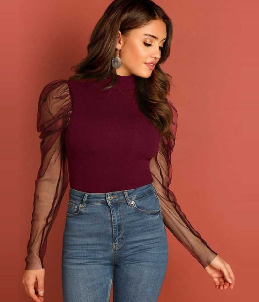 Casual Puff Sleeves Solid Women Maroon Top