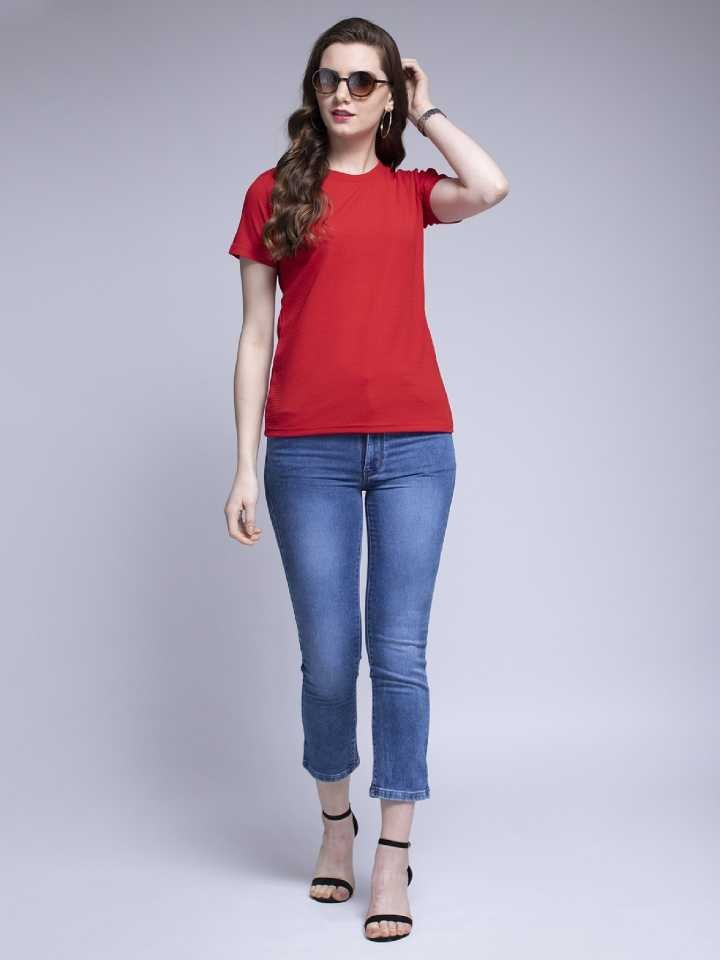 Stacked Flame Solid Women Round Neck Red T-Shirt