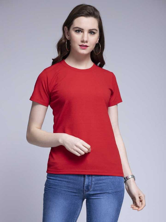 Stacked Flame Solid Women Round Neck Red T-Shirt