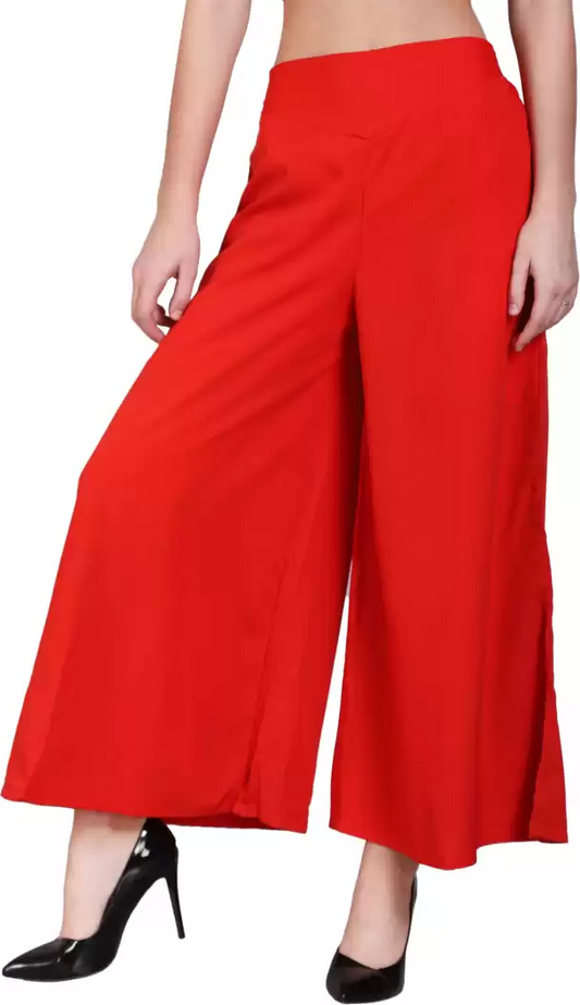 Stacked Flame Flared Women Red Crepe Trousers