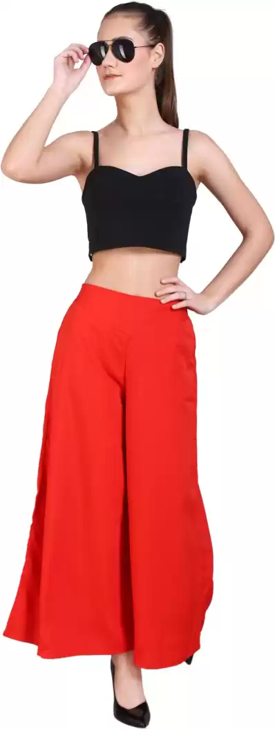 Stacked Flame Flared Women Red Crepe Trousers