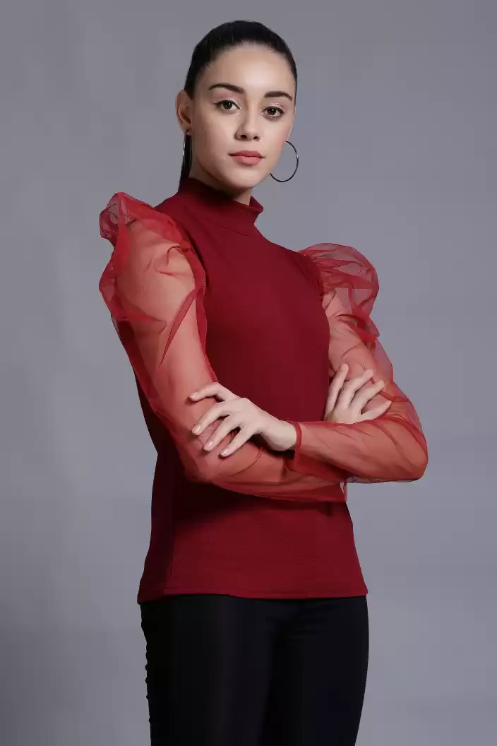 TANDUL  Casual Puff Sleeves Solid Women Maroon Top
