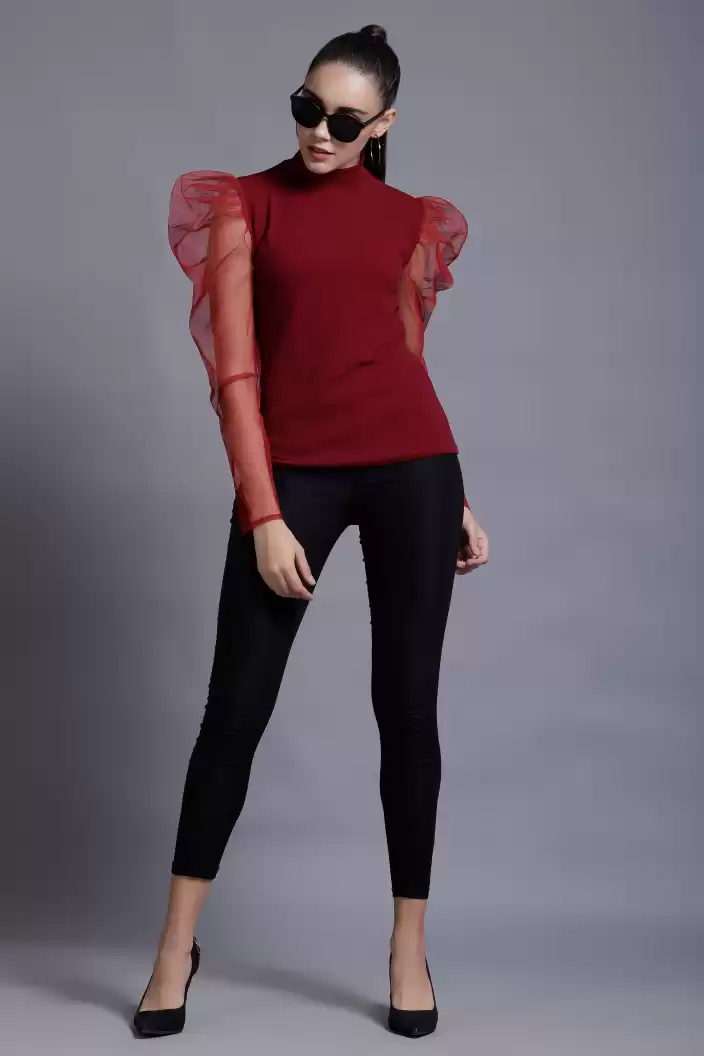 TANDUL  Casual Puff Sleeves Solid Women Maroon Top