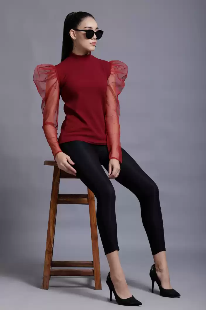 TANDUL  Casual Puff Sleeves Solid Women Maroon Top
