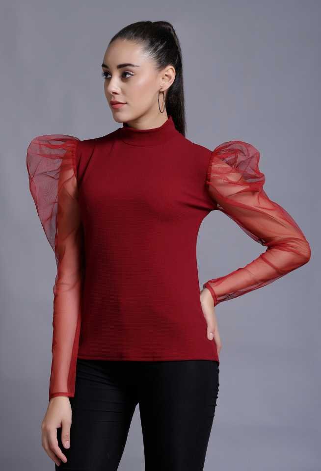 TANDUL  Casual Puff Sleeves Solid Women Maroon Top