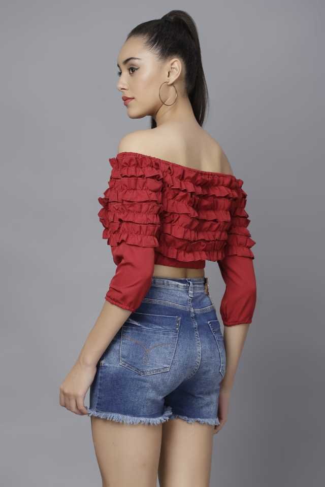 Casual Regular Sleeves Solid Women Maroon Top