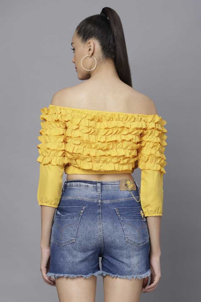 Stacked Flame Casual Regular Sleeves Solid Women Yellow Top