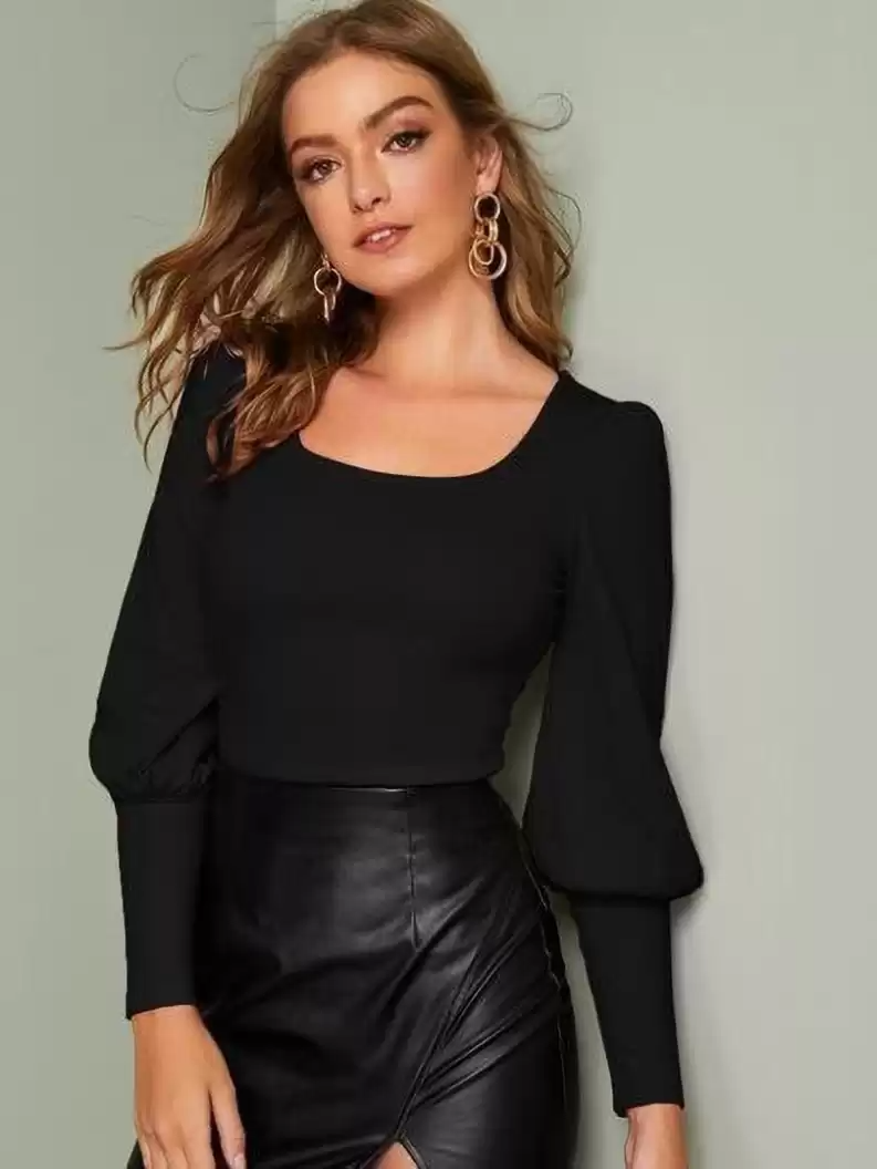 TANDUL  Casual Bishop Sleeve Solid Women Black Top