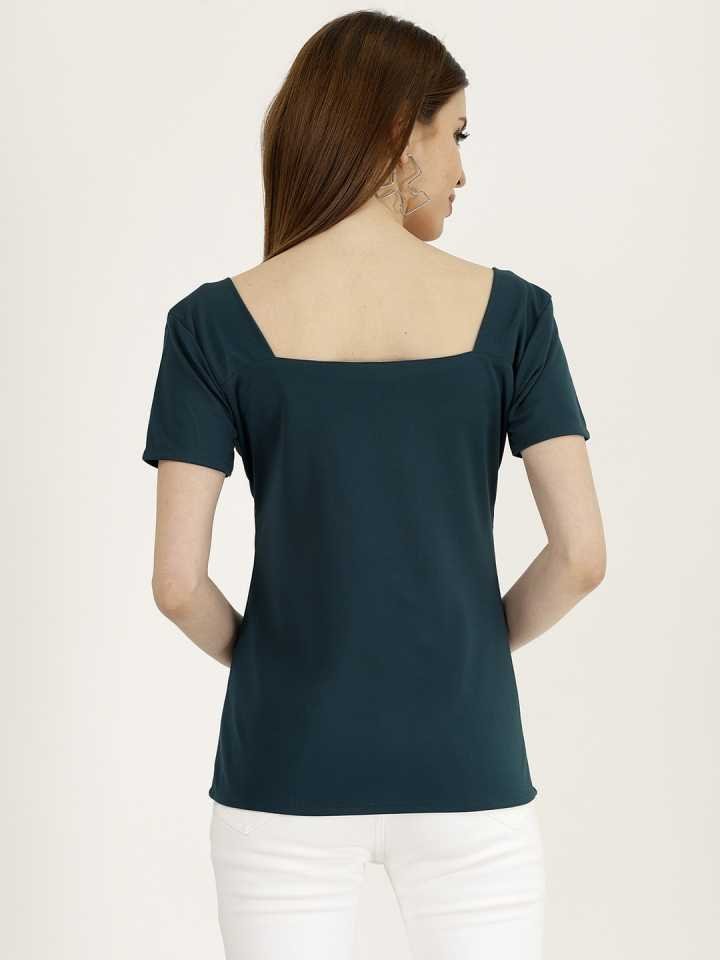 Stacked Flame Casual Regular Sleeves Solid Women Dark Green Top
