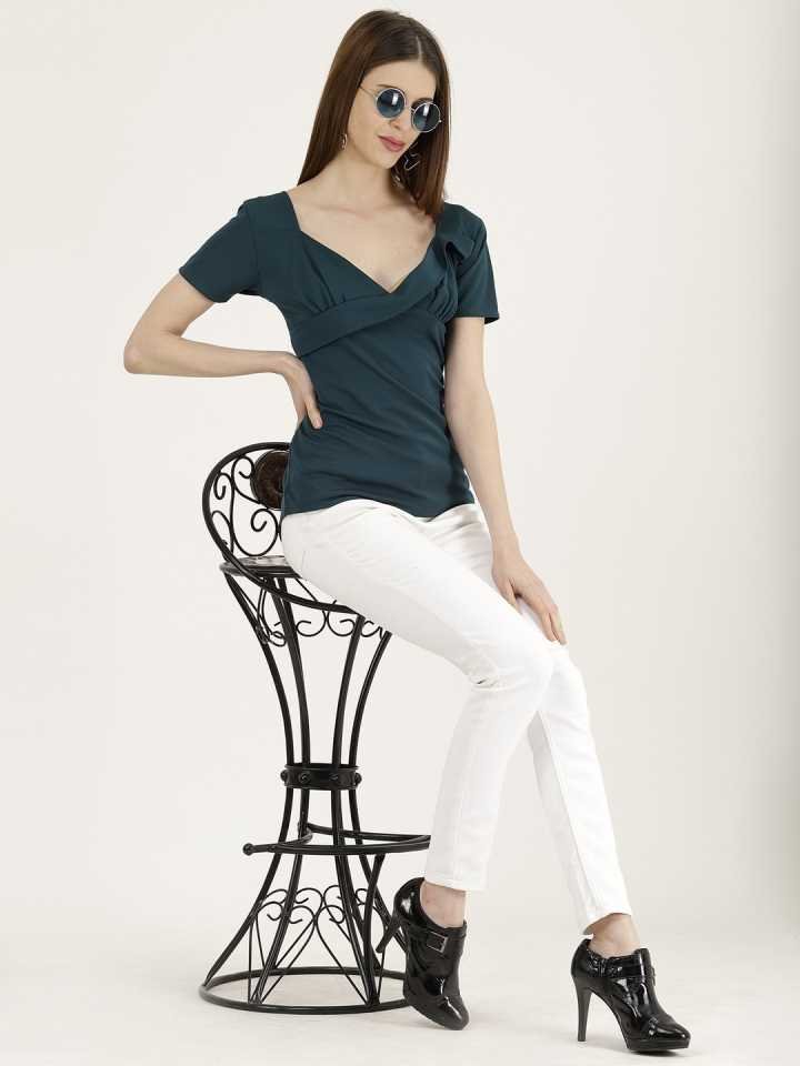 Stacked Flame Casual Regular Sleeves Solid Women Dark Green Top