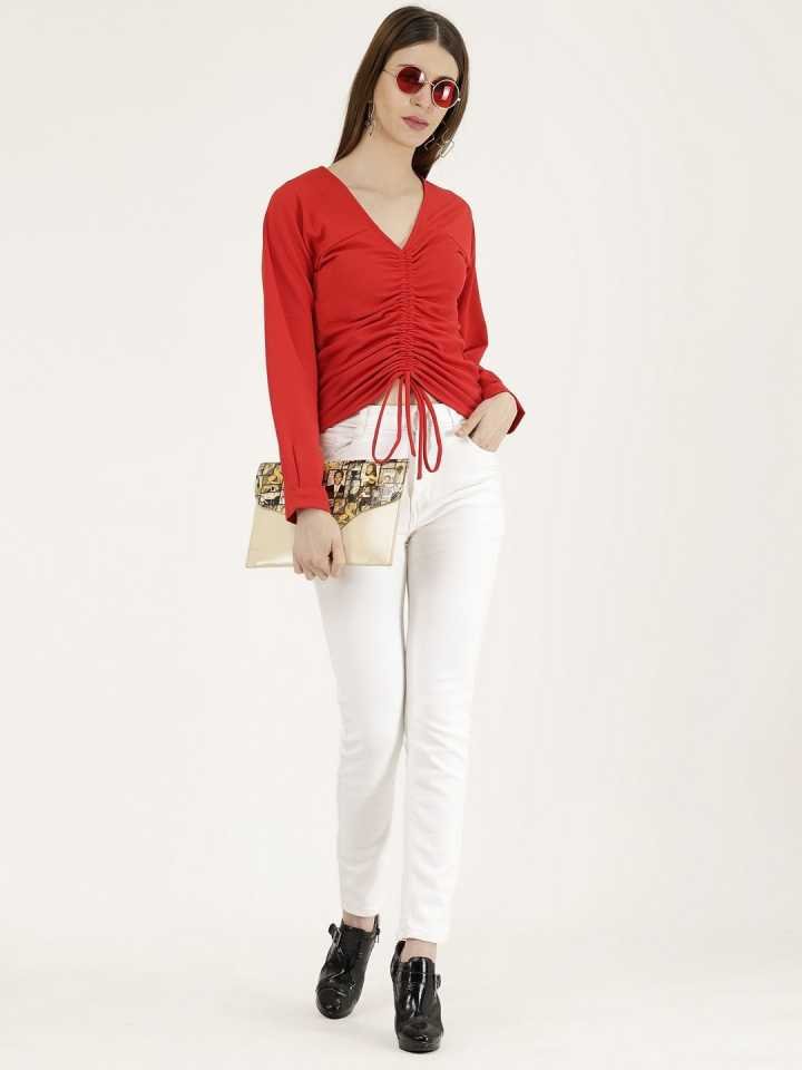 Casual Regular Sleeves Solid Women Red Top