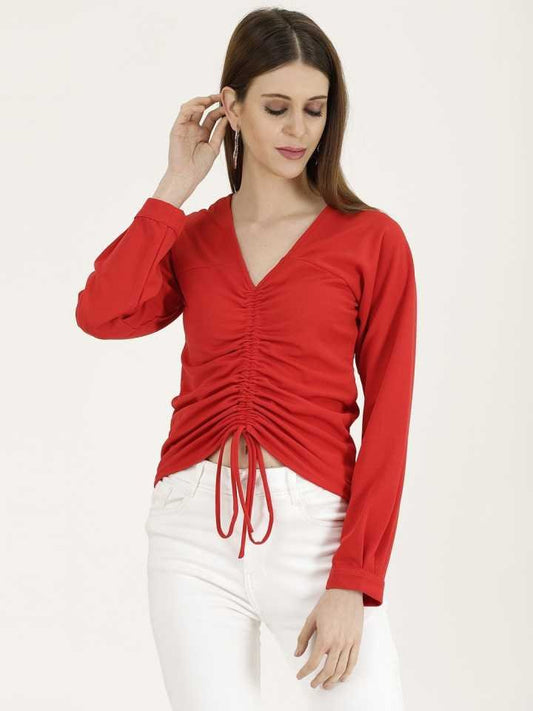 Casual Regular Sleeves Solid Women Red Top