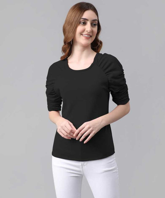 Casual Puff Sleeves Solid Women Black Top