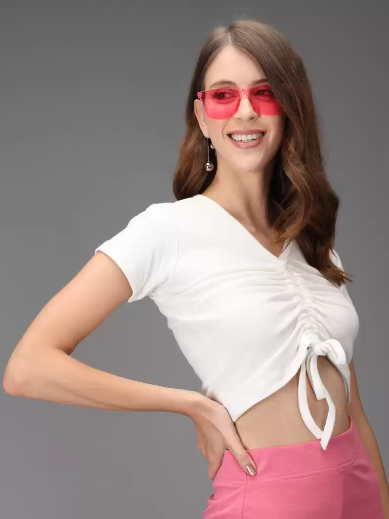 Stacked Flame Casual Regular Sleeves Solid Women White Top