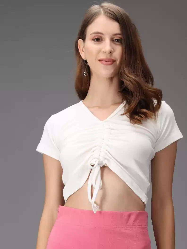 Stacked Flame Casual Regular Sleeves Solid Women White Top