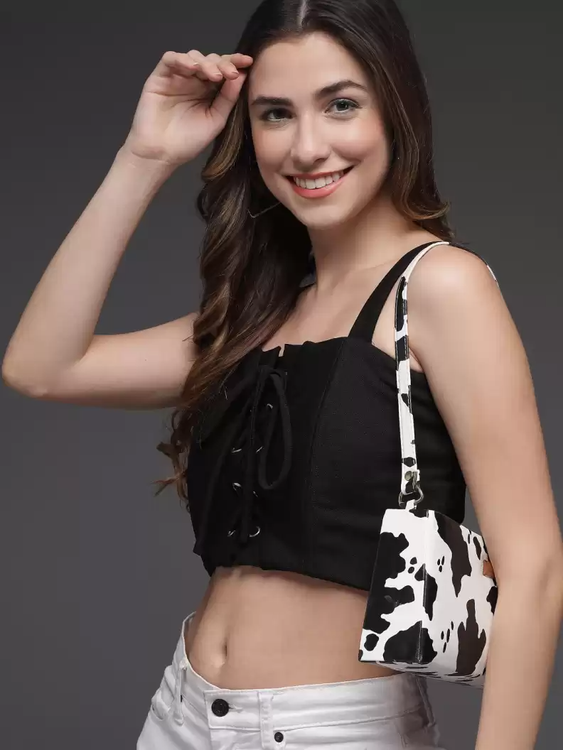 Stacked Flame Casual Noodle Straps Solid Women Black Top