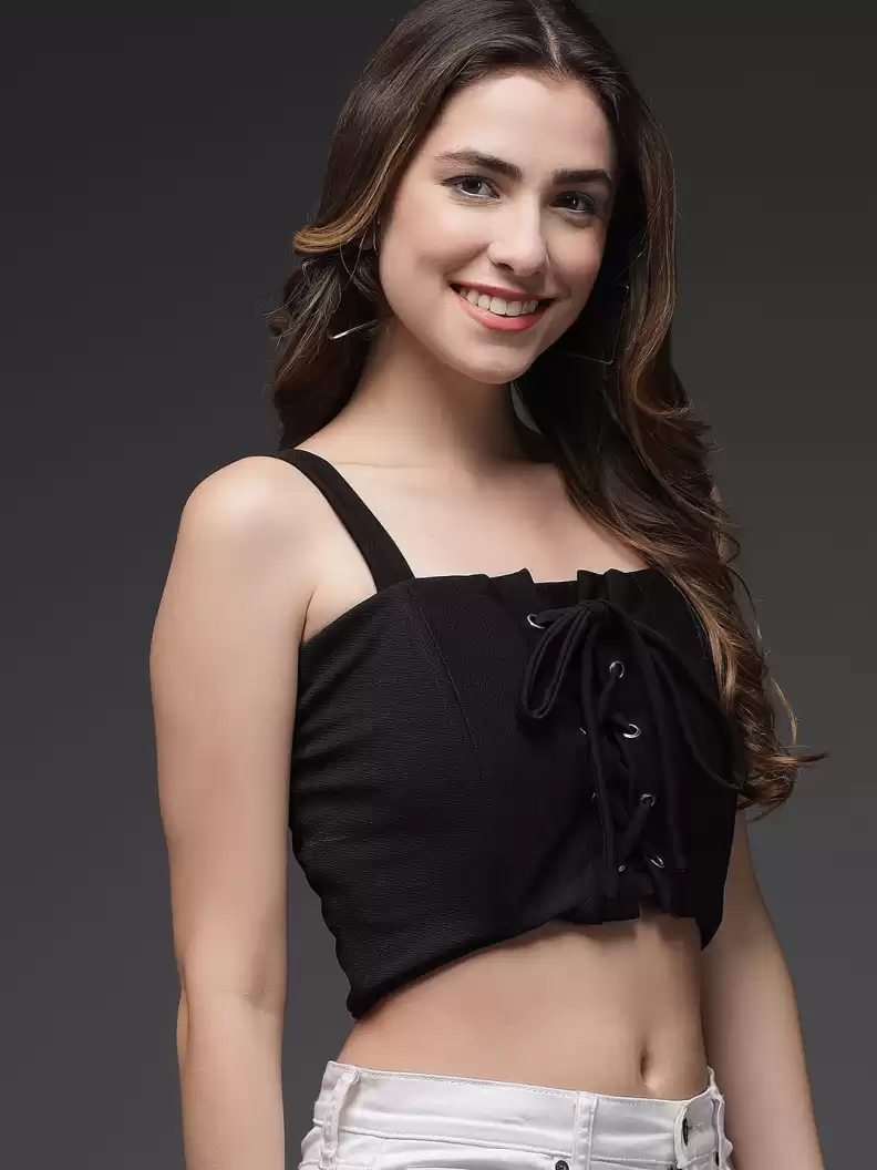 Stacked Flame Casual Noodle Straps Solid Women Black Top