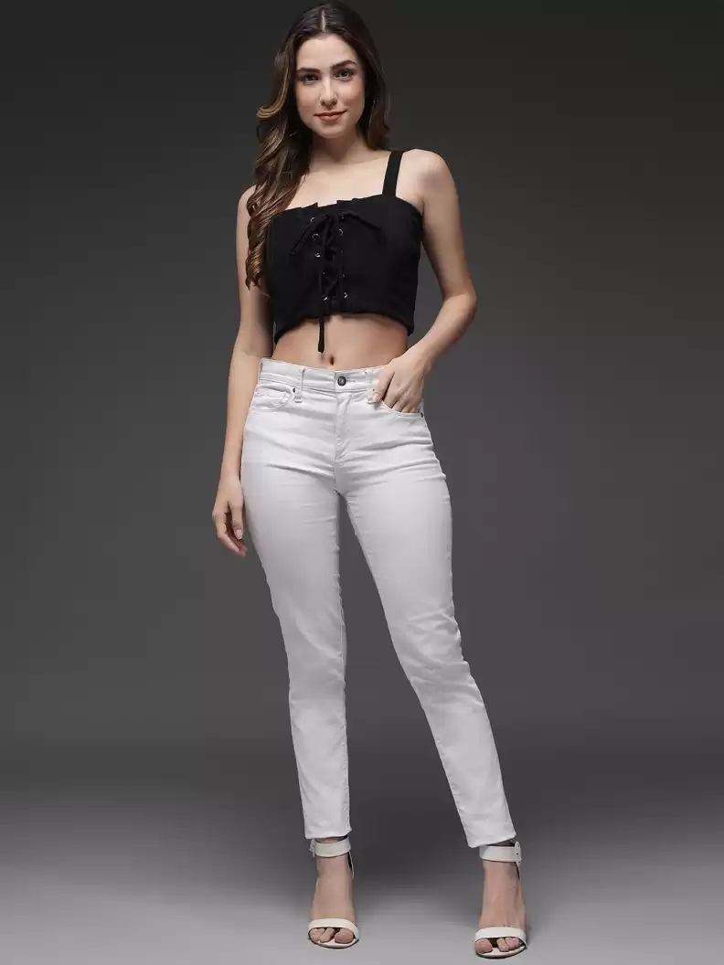 Stacked Flame Casual Noodle Straps Solid Women Black Top