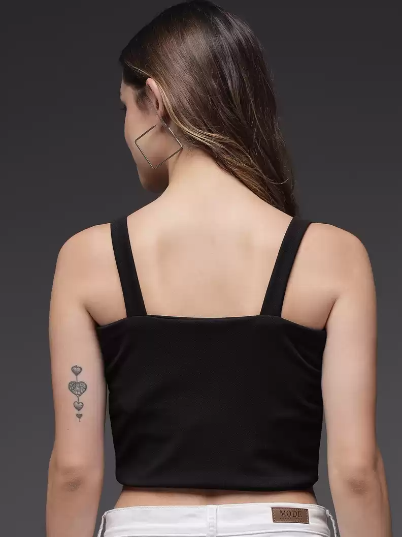 Stacked Flame Casual Noodle Straps Solid Women Black Top