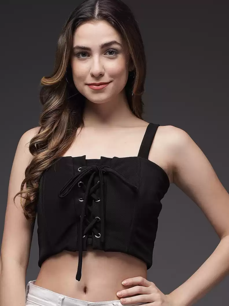 Stacked Flame Casual Noodle Straps Solid Women Black Top