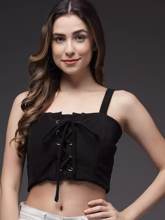 Stacked Flame Casual Noodle Straps Solid Women Black Top