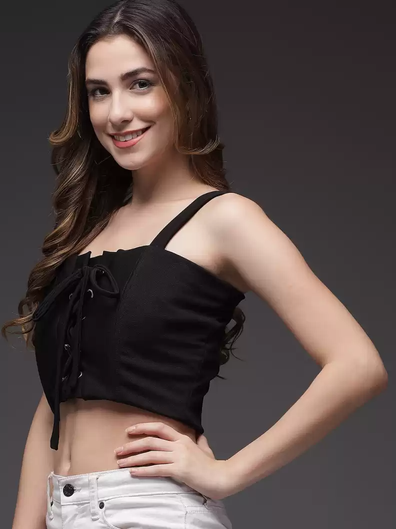 Stacked Flame Casual Noodle Straps Solid Women Black Top