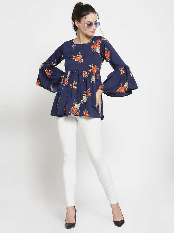 TANDUL  Casual Bell Sleeves Printed Women Dark Blue, Green, Orange Top