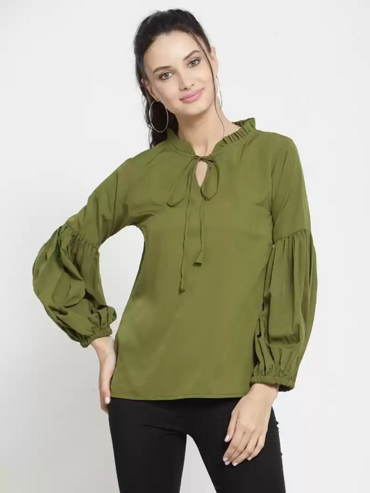 TANDUL  Casual Balloon Sleeve Solid Women Green Top