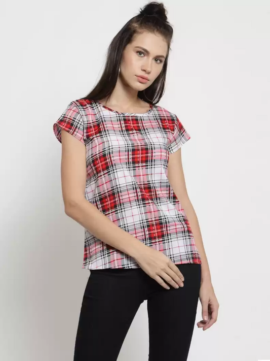 TANDUL  Casual Cap Sleeves Checkered Women Multicolor Top