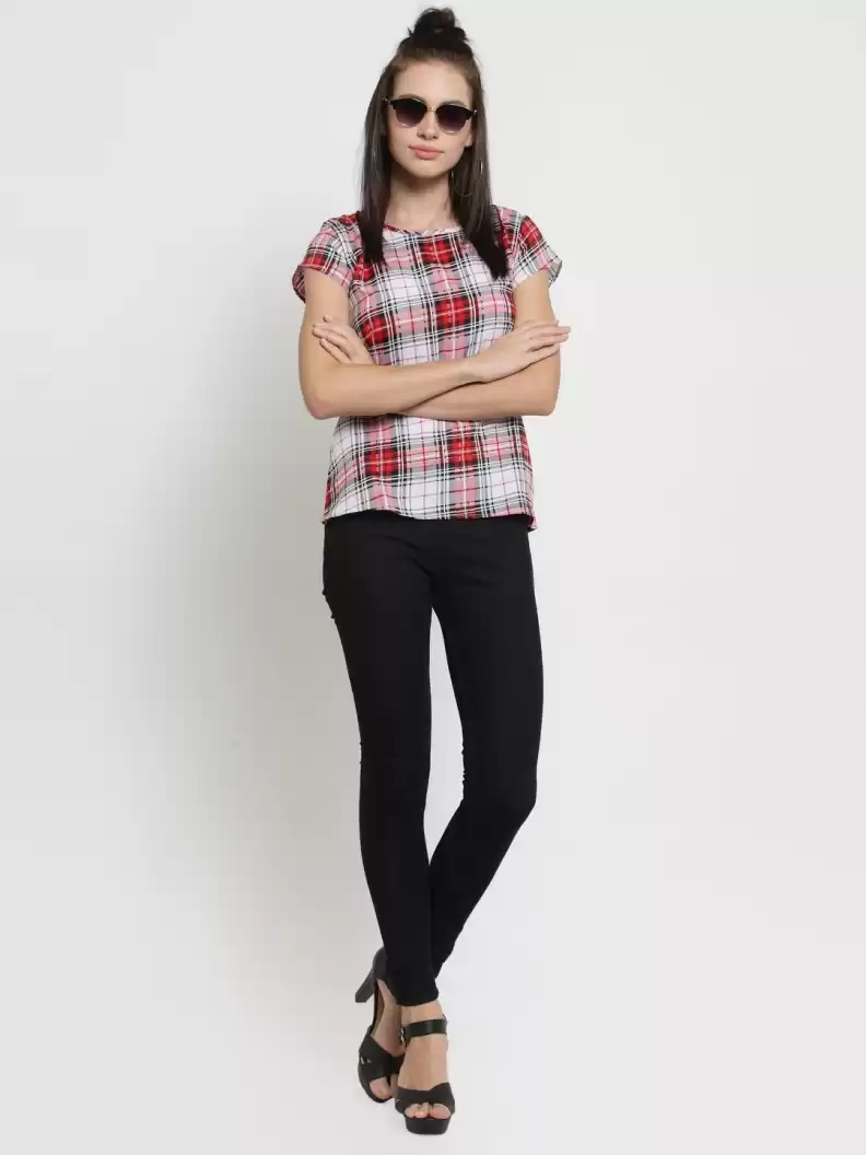 TANDUL  Casual Cap Sleeves Checkered Women Multicolor Top