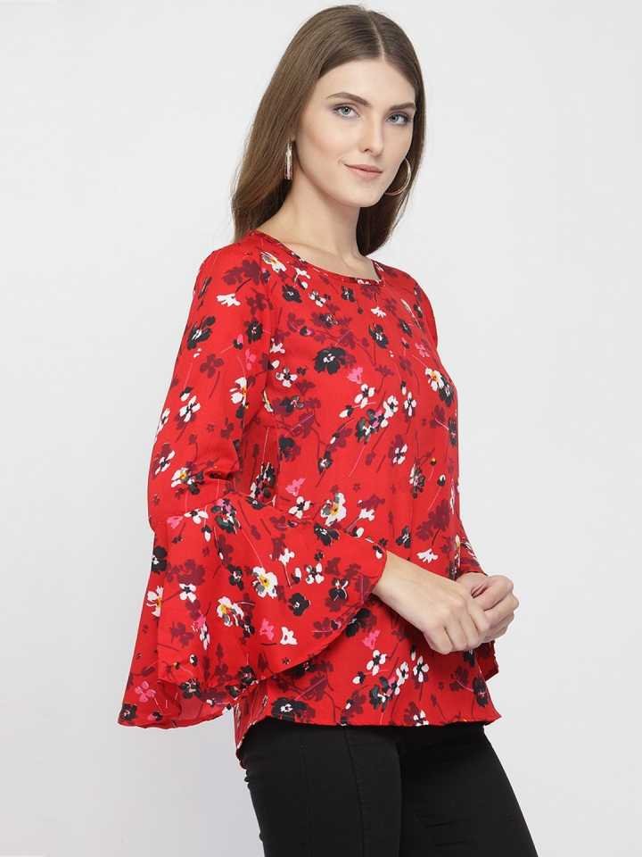 TANDUL  Casual Bell Sleeves Floral Print Women Red Top