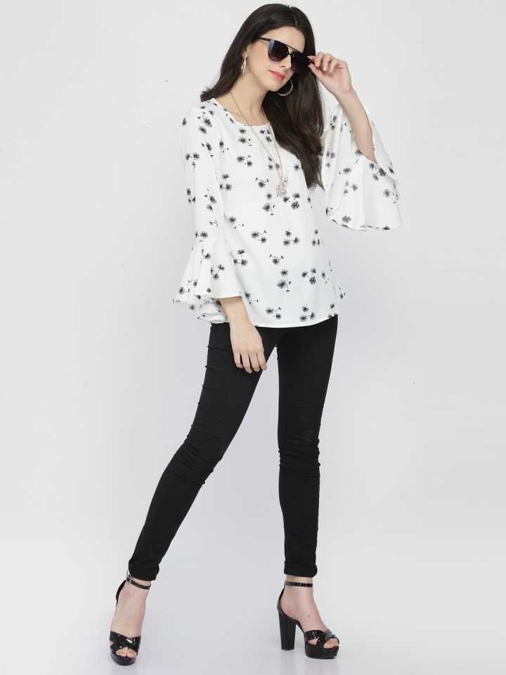 Casual Bell Sleeves Printed Women White Top